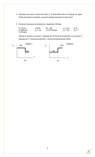 2
4. Suponga que para el caso del punto 3, el yacimiento tiene un empuje de agua
(límite de presión constante), cual es la presión de fondo en este pozo?
5. Se tienen dos pozos en producción, separados 100 pies
K= 76 md =20% B= 1.08 rw1=1 pie S1=5
pi=2200 psi µ= 1 cp ct=10*10-6/psi rw2=1 pie S2=1.7
h= 20 pies
Calcule la presión en el pozo 1 después de 15 horas de producción y en el pozo 2
después de 11 horas de producción. Asuma comportamiento infinito
100
0
50 25
100
0
q
POZO 1
10h
0
100
0
8h
q
t
t
POZO 2
 