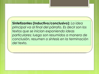 Sintetizantes (Inductivo/conclusivo): La idea 
principal va al final del párrafo. Es decir son los 
textos que se inician exponiendo ideas 
particulares; luego son resumidos a manera de 
conclusión, resumen o síntesis en la terminación 
del texto. 
 