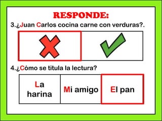 RESPONDE:
3.¿Juan Carlos cocina carne con verduras?.
4.¿Cómo se titula la lectura?
La
harina
Mi amigo El pan
 