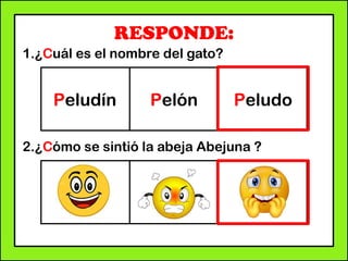 RESPONDE:
1.¿Cuál es el nombre del gato?
2.¿Cómo se sintió la abeja Abejuna ?
Peludín Pelón Peludo
 
