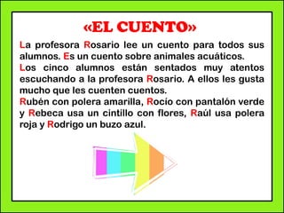 «EL CUENTO»
La profesora Rosario lee un cuento para todos sus
alumnos. Es un cuento sobre animales acuáticos.
Los cinco alumnos están sentados muy atentos
escuchando a la profesora Rosario. A ellos les gusta
mucho que les cuenten cuentos.
Rubén con polera amarilla, Rocío con pantalón verde
y Rebeca usa un cintillo con flores, Raúl usa polera
roja y Rodrigo un buzo azul.
 