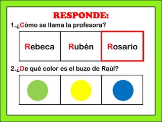 RESPONDE:
1.¿Cómo se llama la profesora?
2.¿De qué color es el buzo de Raúl?
Rebeca Rubén Rosario
 