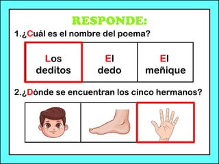 RESPONDE:
1.¿Cuál es el nombre del poema?
2.¿Dónde se encuentran los cinco hermanos?
Los
deditos
El
dedo
El
meñique
 