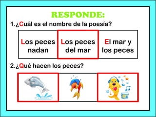 RESPONDE:
1.¿Cuál es el nombre de la poesía?
2.¿Qué hacen los peces?
Los peces
nadan
Los peces
del mar
El mar y
los peces
 