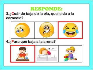 RESPONDE:
3.¿Cuándo baja de la ola, que le da a la
caracola?.
4.¿Para qué baja a la arena?
 