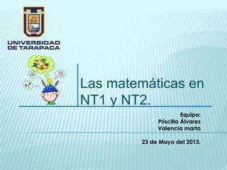 Las matemáticas en
NT1 y NT2.
Equipo:
Priscilla Álvarez
Valencia marta
23 de Mayo del 2013.