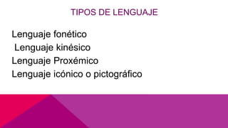 TIPOS DE LENGUAJE
Lenguaje fonético
Lenguaje kinésico
Lenguaje Proxémico
Lenguaje icónico o pictográfico
 