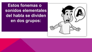 Estos fonemas o
sonidos elementales
del habla se dividen
en dos grupos:
 