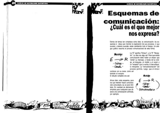 t71 %Yílbo 0
Esquemas de
comunicación :
¿Cuál es el que mejor
nos expresa?
Detrás de temas tan complejos como éste, la comunicación, los es-
quemas e ideas que intentan la explicación de sus procesos, lo que
sucede o debería suceder, están cambiando todo el tiempo . Un anti-
guo gráfico resumía el proceso comunicacional de esta forma :
La "E" significa "Emisor", y la "R" "Recep-
tor". La idea era algo así: Para que exista
comunicación debe haber un emisor que
"emita" su mensaje, a través de'un códi-
go, un lenguaje, un medio y un canal, y
un "receptor" que lo reciba, lo decodifique,
lo interprete . La "retroalimentación" del
proceso permite, luego, que el emisor
continúe con su tarea, como así
también el receptor.
El dibujito completo era así :
Ahora bien ; este esquema, para
los que intentan hacer comunica-
ción comunitaria, es un poco limi-
tado. En realidad es demasiado
simplista para cualquiera que ob-
serve una conversación animada,
por ejemplo .
Mea*
E -~ R
Refiroali,~entac~an
 