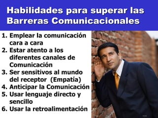 Habilidades para superar las
 Barreras Comunicacionales
1. Emplear la comunicación
   cara a cara
2. Estar atento a los
   diferentes canales de
   Comunicación
3. Ser sensitivos al mundo
   del receptor (Empatía)
4. Anticipar la Comunicación
5. Usar lenguaje directo y
   sencillo
6. Usar la retroalimentación
  15/02/2011                   tlceelo
 