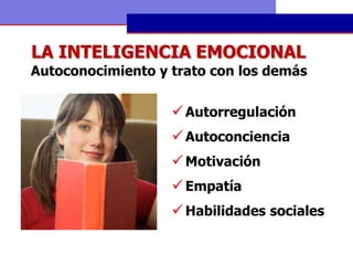 LA INTELIGENCIA EMOCIONAL
Autoconocimiento y trato con los demás

                    Autorregulación
                    Autoconciencia
                    Motivación
                    Empatía
                    Habilidades sociales
 