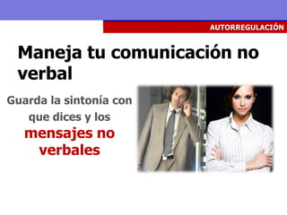 AUTORREGULACIÓN


 Maneja tu comunicación no
 verbal
Guarda la sintonía con
   que dices y los
   mensajes no
    verbales
 