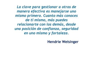 La clave para gestionar a otros de
 manera efectiva es manejarse uno
mismo primero. Cuanto más conoces
      de ti mismo, más puedes
 relacionarte con los demás, desde
una posición de confianza, seguridad
     en uno mismo y fortaleza.

                  Hendrie Weisinger
 