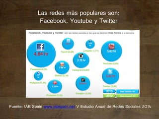 Las redes más populares son: 
Facebook, Youtube y Twitter 
Fuente: IAB Spain www.iabspain.net V Estudio Anual de Redes Sociales 2014 
! 
" 
 