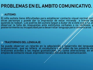 PROBLEMAS EN EL AMBITO COMUNICATIVO.
 AUTISMO:
El niño autista tiene dificultades para establecer contacto visual normal con
otras personas y puede dar la impresión de estar mirando a través de
quienes le rodean. Los padres del autista llegan a dudar de si éste oye o no, al
observar la falta de respuestas ante estímulos verbales o no verbales, y
posteriormente su incapacidad para desarrollar lenguaje para comunicarse.
 TRASTORNOS DEL LENGUAJE:
Se puede observar un retardo en la adquisición y desarrollo del lenguaje
proposicional, que se refiere al vocabulario y al orden de las palabras en
oraciones acordes a las reglas gramaticales, así como alteraciones, en el
empleo de contacto visual, expresión facial y mímica de la comunicación.
 