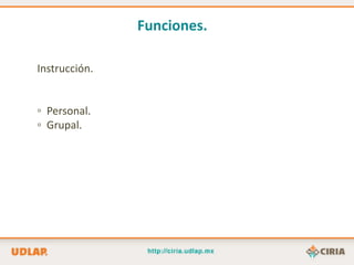 Funciones.

Instrucción.


▫ Personal.
▫ Grupal.
 