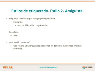 Estilos de etiquetado. Estilo 2- Amiguista.
•   Etiquetas relevantes para un grupo de personas.
     – Ejemplos:
          • ajax, bc110, udla, congresos ihc.

•   Beneficio:
     – Alto.

•   ¿Por qué lo hacemos?
     – Nos resulta útil para grupos pequeños en donde compartimos intereses
        comunes.
 