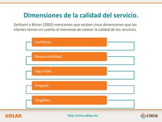 Dimensiones de la calidad del servicio.
Zeithaml y Bitner (2002) mencionan que existen cinco dimensiones que los
clientes toman en cuenta al momento de valorar la calidad de los servicios.


            Confianza.


            Responsabilidad.


            Seguridad.


            Empatía.


            Tangibles.
 