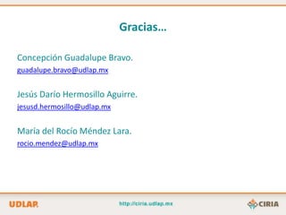 Gracias…

Concepción Guadalupe Bravo.
guadalupe.bravo@udlap.mx


Jesús Darío Hermosillo Aguirre.
jesusd.hermosillo@udlap.mx


María del Rocío Méndez Lara.
rocio.mendez@udlap.mx
 