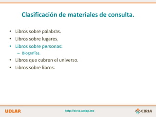 Clasificación de materiales de consulta.

• Libros sobre palabras.
• Libros sobre lugares.
• Libros sobre personas:
   – Biografías.
• Libros que cubren el universo.
• Libros sobre libros.
 