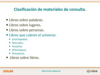 Clasificación de materiales de consulta.

 Libros sobre palabras.
 Libros sobre lugares.
 Libros sobre personas.
 Libros que cubren el universo:
    Enciclopedias.
    Manuales.
    Anuarios.
    Almanaques.
    Directorios.
 Libros sobre libros.
 