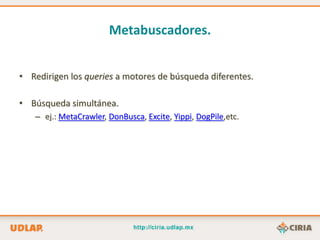 Metabuscadores.


• Redirigen los queries a motores de búsqueda diferentes.

• Búsqueda simultánea.
   – ej.: MetaCrawler, DonBusca, Excite, Yippi, DogPile,etc.
 