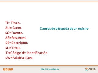 TI= Título.
AU= Autor.            Campos de búsqueda de un registro
SO=Fuente.
AB=Resumen.
DE=Descriptor.
SU=Tema.
ID=Código de identificación.
KW=Palabra clave.
 