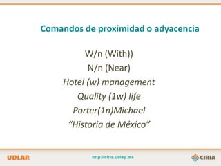 Comandos de proximidad o adyacencia

         W/n (With))
          N/n (Near)
    Hotel (w) management
       Quality (1w) life
      Porter(1n)Michael
     “Historia de México”
 