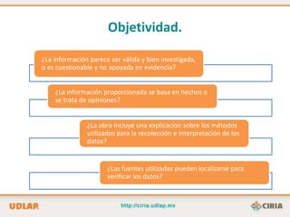 Objetividad.

¿La información parece ser válida y bien investigada,
o es cuestionable y no apoyada en evidencia?


    ¿La información proporcionada se basa en hechos o
    se trata de opiniones?


               ¿La obra incluye una explicación sobre los métodos
               utilizados para la recolección e interpretación de los
               datos?


                      ¿Las fuentes utilizadas pueden localizarse para
                      verificar los datos?
 