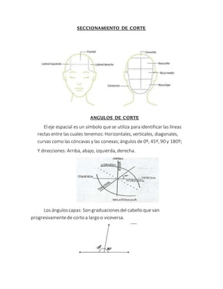 SECCIONAMIENTO DE CORTE
ANGULOS DE CORTE
El eje espacial es un símbolo quese utiliza para identificar las líneas
rectas entre las cuales tenemos: Horizontales, verticales, diagonales,
curvas como las cóncavas y las conexas; ángulos de 0º, 45º, 90 y 180º;
Y direcciones: Arriba, abajo, izquierda, derecha.
Los ánguloscapas: Son graduacionesdel cabello que van
progresivamentede corto a largo o viceversa.
 