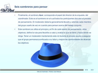 Taller de Creatividad – Profesor José Hiebaum
<<
<<
Seis sombreros para pensar
• Finalmente, el sombrero Azul, corresponde...