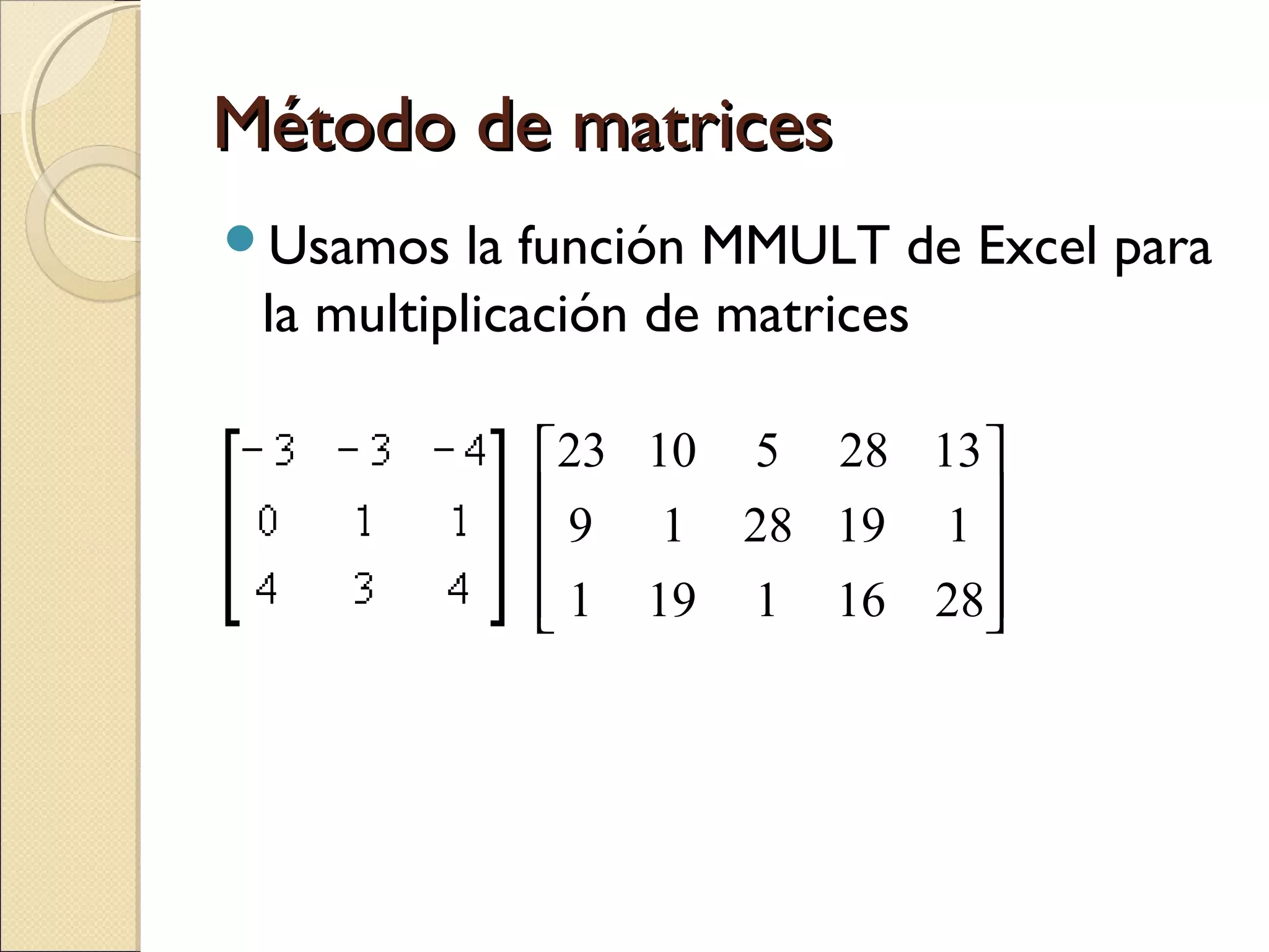 Método de matrices
Usamos

la función MMULT de Excel para
la multiplicación de matrices
23 10 5 28 13 
 9 1 28 19 1 


 1 19 1 16 28



 