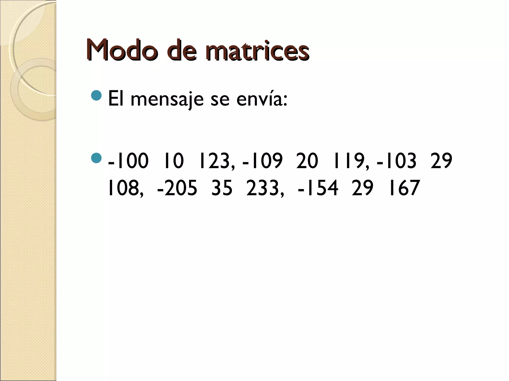 Modo de matrices
El

mensaje se envía:

-100

10 123, -109 20 119, -103 29
108, -205 35 233, -154 29 167

 
