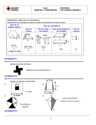 Taller 3 
GEOMETRIA Y TRIGONOMETRIA 
PROFESORA: 
YOLVI ADRIANA CORDOBA B 
_________________________________________________________________________________________-- 
12 
ACTIVIDAD Nº11: 
Calculen el perímetro de la figura: 
Sabiendo que su área total es 200 cm2. 
ACTIVIDAD Nº12: 
Calculen, en cada caso, el área pintada: 
a) b) 
trapecio isósceles 
c) d) 
ACTIVIDAD Nº13: 
d 
c 
b 
a 
PERÍMETRO Y ÁREA DE LOS POLÍGONOS. 
El perímetro de un polígono es igual a la suma de las medidas de todos sus lados. 
Área de un 
polígono regular 
Área de cuadriláteros 
2 
n. .Ap l 
n: número de lados 
Área del 
Trapecio 
Área del rombo y 
del romboide 
Área del paralelogramo y 
del rectángulo 
Área del 
cuadrado 
2 
(B b).h 
2 
D.d 
b.h 
2 l 
Ap l 
r 
b 
B 
h 
d 
D D 
d 
b 
b 
h 
h 
l 
l = L/3 
9 cm 
7 cm 
5 cm 
l 
L= 6cm 
o 
Pentágono 
regular 
abcd romboide 
ob=2cm, od=3.ob, ac=5cm 
 