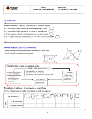 Taller 3 
GEOMETRIA Y TRIGONOMETRIA 
PROFESORA: 
YOLVI ADRIANA CORDOBA B 
_________________________________________________________________________________________-- 
8 
ACTIVIDAD Nº8: 
Escriban verdadero (V) o falso (F). Justificando con tus palabras la elección. 
a) La suma de los ángulos interiores de un romboide es igual a 4 rectos. 
b) La suma de los ángulos exteriores de un trapecio es igual a 4 rectos. 
c) En todo trapecio, un ángulo interior y su exterior son complementarios. 
d) En un trapecio rectángulo, los ángulos que no son rectos suman menos de 180º. 
PROPIEDADES DE LOS PARALELOGRAMOS. 
· E n todo paralelogramo las diagonales se cortan mutuamente en su punto medio. 
· En todo rectángulo las diagonales son congruentes. 
Propiedades de los lados y de los ángulos de cuadriláteros. 
Con los visto completar el cuadro con una cruz en donde corresponda: 
PROPIEDADES 
Lados 
1 
Un par de lados paralelos 
2 
Dos pares de lados paralelos 
a 
b 
d 
o 
 
 
 
 
b 
a 
c 
d 
PROPIEDADES DE LOS PARALELOGRAMOS. 
PARALELOGRAMOS (EN GENERAL) 
· Los lados opuestos son congruentes. 
· Los ángulos opuestos son congruentes. 
· Las diagonales se cortan mutuamente en su punto medio 
RECTÁNGULOS 
· Cumplen las tres propiedades anteriores. 
· Las diagonales son congruentes 
ROMBOS 
· Cumplen las tres propiedades anteriores. 
· Las diagonales son perpendiculares. 
CUADRADOS 
· Cumplen todas las propiedades anteriores  