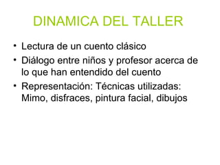 DINAMICA DEL TALLER   Lectura de un cuento clásico Diálogo entre niños y profesor acerca de lo que han entendido del cuento Representación: Técnicas utilizadas: Mimo, disfraces, pintura facial, dibujos 
