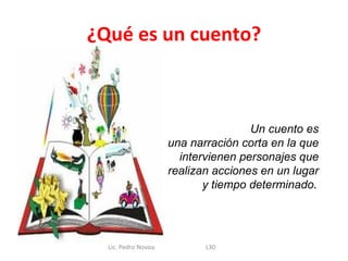 ¿Qué es un cuento?



                                     Un cuento es
                     una narración corta en la que
                       intervienen personajes que
                     realizan acciones en un lugar
                            y tiempo determinado.




  Lic. Pedro Novoa          L30
 