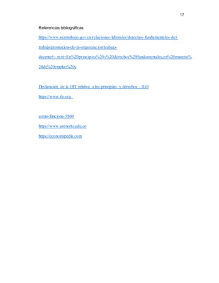 17
Referencias bibliográficas
https://www.mintrabajo.gov.co/relaciones-laborales/derechos-fundamentales-del-
trabajo/promocion-de-la-organizacion/trabajo-
decente#:~:text=En%20principios%20y%20derechos%20fundamentales,en%20materia%
20de%20empleo%20y
Declaración de la OIT relativa a los principios y derechos - ILO
https://www.ilo.org
como-funciona-5860
https://www.uninorte.edu.co
https://economipedia.com
 