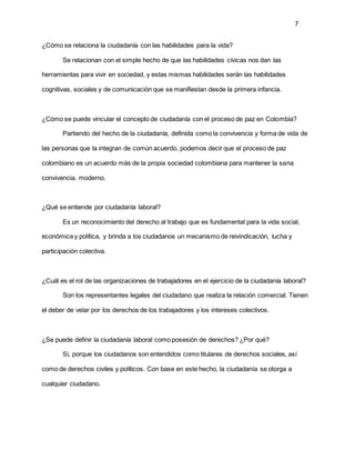 7
¿Cómo se relaciona la ciudadanía con las habilidades para la vida?
Se relacionan con el simple hecho de que las habilidades cívicas nos dan las
herramientas para vivir en sociedad, y estas mismas habilidades serán las habilidades
cognitivas, sociales y de comunicación que se manifiestan desde la primera infancia.
¿Cómo se puede vincular el concepto de ciudadanía con el proceso de paz en Colombia?
Partiendo del hecho de la ciudadanía, definida como la convivencia y forma de vida de
las personas que la integran de común acuerdo, podemos decir que el proceso de paz
colombiano es un acuerdo más de la propia sociedad colombiana para mantener la sana
convivencia. moderno.
¿Qué se entiende por ciudadanía laboral?
Es un reconocimiento del derecho al trabajo que es fundamental para la vida social,
económica y política, y brinda a los ciudadanos un mecanismo de reivindicación, lucha y
participación colectiva.
¿Cuál es el rol de las organizaciones de trabajadores en el ejercicio de la ciudadanía laboral?
Son los representantes legales del ciudadano que realiza la relación comercial. Tienen
el deber de velar por los derechos de los trabajadores y los intereses colectivos.
¿Se puede definir la ciudadanía laboral como posesión de derechos? ¿Por qué?
Sí, porque los ciudadanos son entendidos como titulares de derechos sociales, así
como de derechos civiles y políticos. Con base en este hecho, la ciudadanía se otorga a
cualquier ciudadano.
 