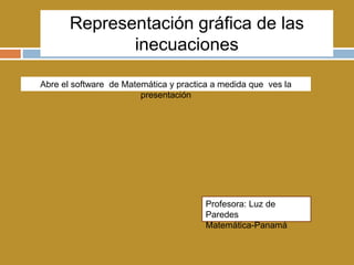Representación gráfica de las
inecuaciones
Abre el software de Matemática y practica a medida que ves la
presentación
Profesora: Luz de
Paredes
Matemática-Panamá
 