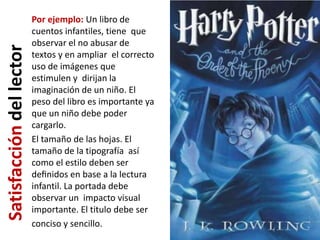 Por ejemplo: Un libro de
                          cuentos infantiles, tiene que
                          observar el no abusar de
Satisfacción del lector
                          textos y en ampliar el correcto
                          uso de imágenes que
                          estimulen y dirijan la
                          imaginación de un niño. El
                          peso del libro es importante ya
                          que un niño debe poder
                          cargarlo.
                          El tamaño de las hojas. El
                          tamaño de la tipografía así
                          como el estilo deben ser
                          deﬁnidos en base a la lectura
                          infantil. La portada debe
                          observar un impacto visual
                          importante. El titulo debe ser
                          conciso y sencillo.
 