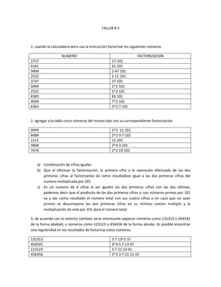 TALLER # 3
1. usando la calculadora wiris usa la instrucción factorizar los siguientes números
NUMERO FACTORIZACION
1717 17·101
6161 61·101
9494 2·47·101
2222 2·11·101
3737 37·101
0404 2^2·101
2525 5^2·101
8383 83·101
4949 7^2·101
6363 3^2·7·101
2. agregar a la tabla cinco números del mismo tipo con su correspondiente factorización
9999 3^2 ·11·101
8484 2^2·3·7·101
1111 11·101
4848 2^4·3·101
7676 2^2·19·101
a) Combinación de cifras iguales
b) Que al efectuar la factorización, la primera cifra o la operación efectuada de las dos
primeras cifras al factorizarlas da como resultadoes igual a las dos primeras cifras del
numero multiplicada por 101
c) En un numero de 4 cifras al ser iguales las dos primeras cifras con las dos últimas,
podemos decir que el producto de las dos primeras cifras si son números primos por 101
va a dar como resultado el número total con sus cuatro cifras o en caso que no sean
primos se descompone las dos primeras cifras en su mínimo común múltiplo y la
multiplicación de este por 101 dará el número total
3. de acuerdo con lo anterior también sería interesante explorar números como 131313 o 454545
de la forma ababab; y números como 123123 o 456456 de la forma abcabc. Es posible encontrar
una regularidad en los resultados de factorizar estos números.
131313 3·7·13^2·37
454545 3^3·5·7·13·37
123123 3·7·11·13·41
456456 2^3·3·7·11·13·19
 
