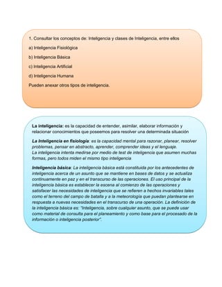 1. Consultar los conceptos de: Inteligencia y clases de Inteligencia, entre ellos

a) Inteligencia Fisiológica

b) Inteligencia Básica

c) Inteligencia Artificial

d) Inteligencia Humana

Pueden anexar otros tipos de inteligencia.




 La inteligencia: es la capacidad de entender, asimilar, elaborar información y
 relacionar conocimientos que poseemos para resolver una determinada situación

 La Inteligencia en fisiología: es la capacidad mental para razonar, planear, resolver
 problemas, pensar en abstracto, aprender, comprender ideas y el lenguaje.
 La inteligencia intenta medirse por medio de test de inteligencia que asumen muchas
 formas, pero todos miden el mismo tipo inteligencia.

 Inteligencia básica: La inteligencia básica está constituida por los antecedentes de
 inteligencia acerca de un asunto que se mantiene en bases de datos y se actualiza
 continuamente en paz y en el transcurso de las operaciones. El uso principal de la
 inteligencia básica es establecer la escena al comienzo de las operaciones y
 satisfacer las necesidades de inteligencia que se refieren a hechos invariables tales
 como el terreno del campo de batalla y a la meteorología que puedan plantearse en
 respuesta a nuevas necesidades en el transcurso de una operación. La definición de
 la inteligencia básica es: “Inteligencia, sobre cualquier asunto, que se puede usar
 como material de consulta para el planeamiento y como base para el procesado de la
 información o inteligencia posterior”.
 