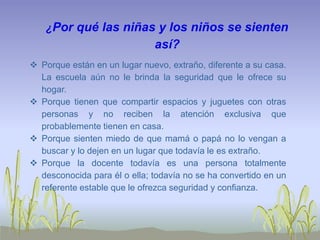¿Por qué las niñas y los niños se sienten
así?
 Porque están en un lugar nuevo, extraño, diferente a su casa.
La escuela aún no le brinda la seguridad que le ofrece su
hogar.
 Porque tienen que compartir espacios y juguetes con otras
personas y no reciben la atención exclusiva que
probablemente tienen en casa.
 Porque sienten miedo de que mamá o papá no lo vengan a
buscar y lo dejen en un lugar que todavía le es extraño.
 Porque la docente todavía es una persona totalmente
desconocida para él o ella; todavía no se ha convertido en un
referente estable que le ofrezca seguridad y confianza.
 