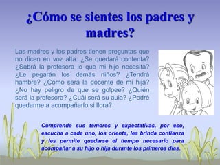 ¿Cómo se sientes los padres y
madres?
Las madres y los padres tienen preguntas que
no dicen en voz alta: ¿Se quedará contenta?
¿Sabrá la profesora lo que mi hijo necesita?
¿Le pegarán los demás niños? ¿Tendrá
hambre? ¿Cómo será la docente de mi hija?
¿No hay peligro de que se golpee? ¿Quién
será la profesora? ¿Cuál será su aula? ¿Podré
quedarme a acompañarlo si llora?
Comprende sus temores y expectativas, por eso,
escucha a cada uno, los orienta, les brinda confianza
y les permite quedarse el tiempo necesario para
acompañar a su hijo o hija durante los primeros días.
 