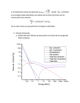 d. El coeficiente másico de absorción es 𝜇 𝑎𝑏 =
𝜇∗
𝐸 𝑎𝑏
̅̅̅̅̅̅
ℎ𝜐
𝜌
donde 𝐸 𝑎𝑏
̅̅̅̅̅ =1.04 MeV
es la energía media absorbida y los valores de los otros términos son los
mismos del inciso anterior.
𝜇 𝑎𝑏
𝜌
= 23.94𝑥10−3
𝑐𝑚2
/𝑔
Da un valor menor ya que parte de la energía es absorbida.
2. Pulmón Exhalando
a. Gráfica del coef. Másico de atenuación en función de la energía del
fotón incidente.
 