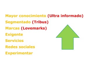 Mayor conocimiento  (Ultra informado) Segmentado  (Tribus) Marcas  (Lovemarks) Exigente Servicios Redes sociales Experimentar 