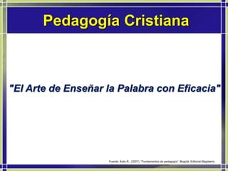 Fuente: Ávila R., (2007). “Fundamentos de pedagogía”. Bogotá. Editorial Magisterio<br /> Pedagogía Cristiana<br />"El Arte...