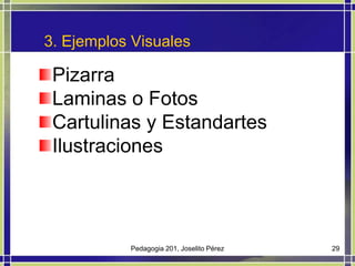 Pedagogia 201, Joselito Pérez<br />29<br />3. Ejemplos Visuales<br />Pizarra<br />Laminas o Fotos<br />Cartulinas y Estand...