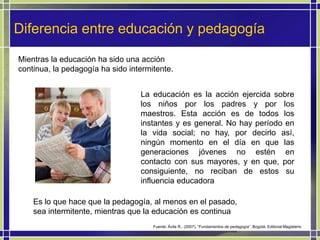 Diferencia entre educación y pedagogía<br />Mientras la educación ha sido una acción continua, la pedagogía ha sido interm...